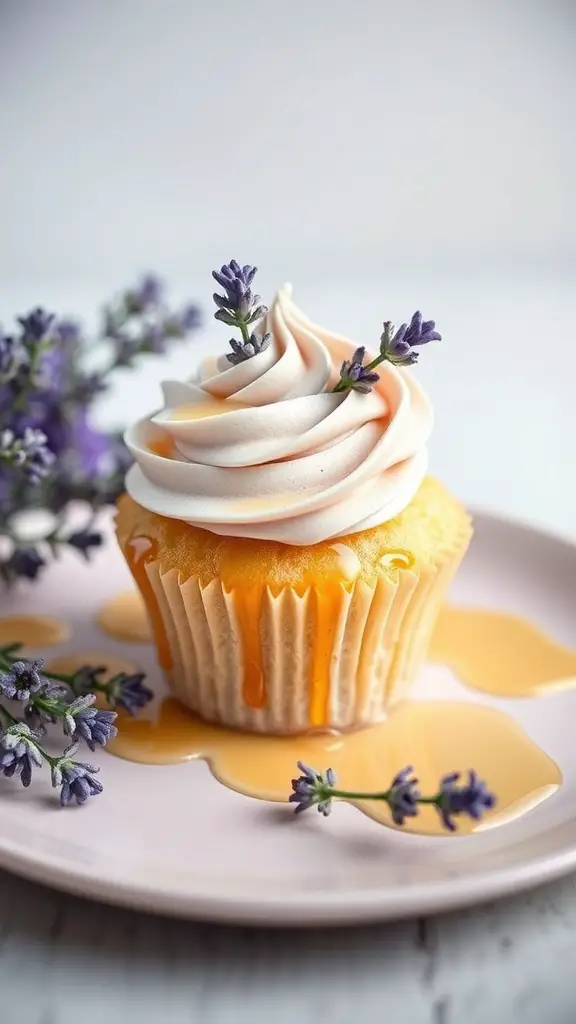 Lavender honey cupcake with frosting and lavender sprigs