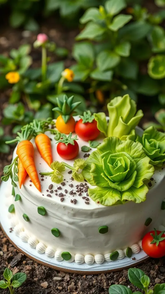 A cake decorated to look like a vegetable patch with fondant carrots, tomatoes, and lettuce on top.