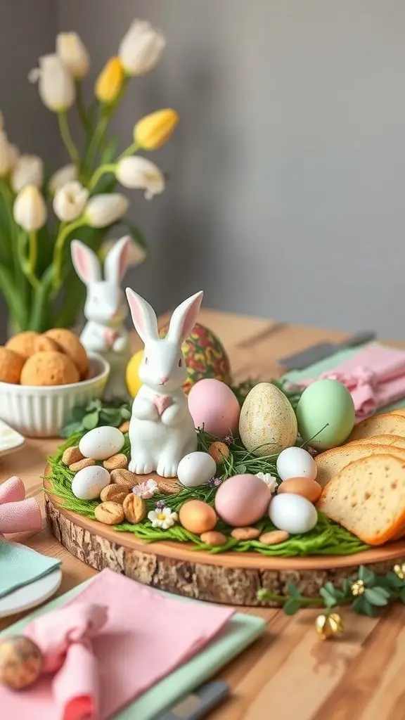 A beautifully arranged Easter grazing board featuring bunny figurines, colorful eggs, and fresh flowers.