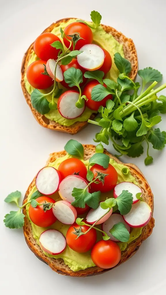 Two slices of avocado toast topped with cherry tomatoes, radishes, and fresh greens.