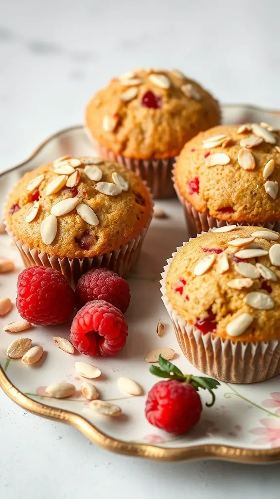 Raspberry Almond Muffins with Slivered Almonds on a plate with fresh raspberries.
