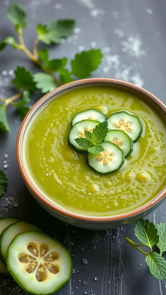 A bowl of green gazpacho topped with cucumber slices and mint leaves, surrounded by fresh herbs.