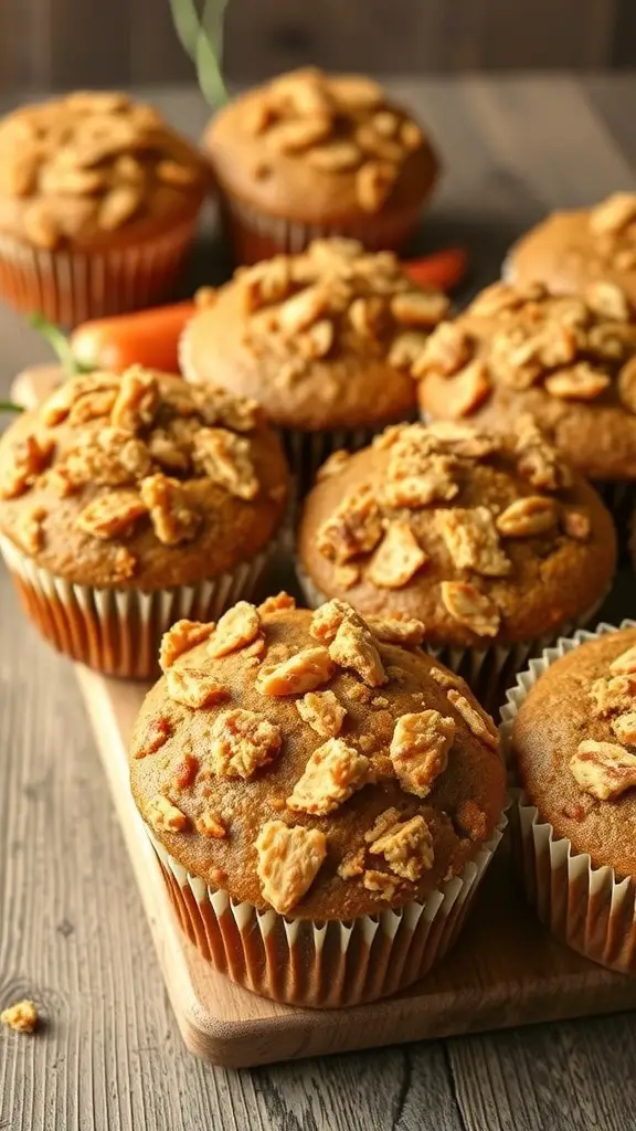 A close-up of nutty carrot muffins topped with crunchy bits, displayed on a wooden board.