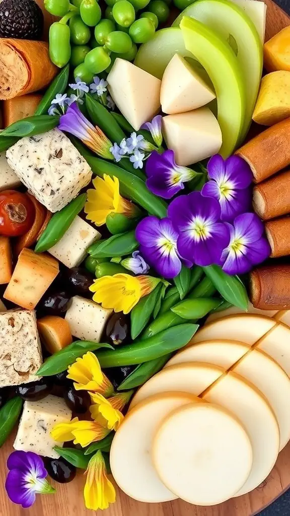 A green charcuterie board featuring cheeses, fruits, and colorful edible flowers.