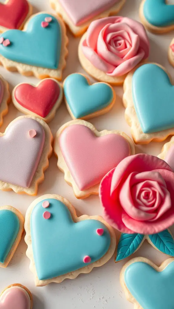 Colorful heart-shaped sugar cookies with fondant decorations for Valentine's Day