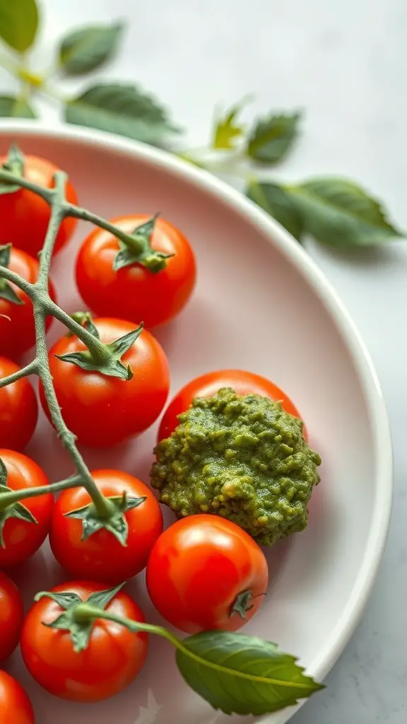 A plate of cherry tomatoes with a dollop of pesto on one, surrounded by fresh basil leaves.