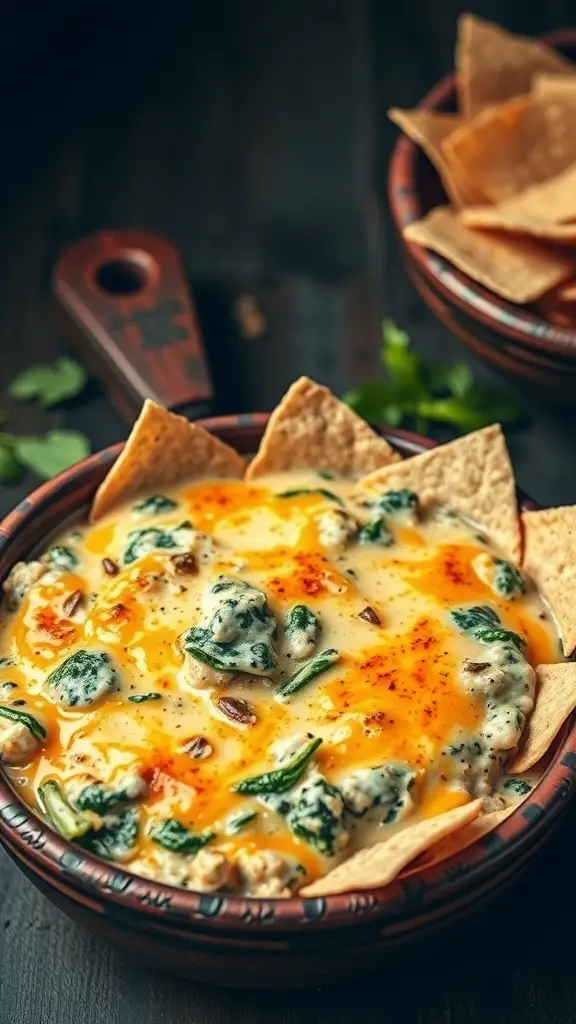 A bowl of cheesy spinach and artichoke dip surrounded by tortilla chips.