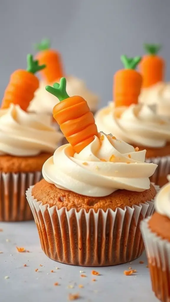 Carrot cake cupcakes with cream cheese frosting and fondant carrot decorations