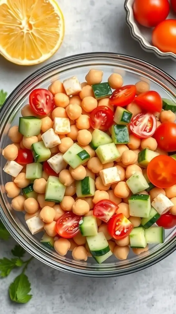 A bowl of chickpea salad with cherry tomatoes, cucumber, and lemon slices