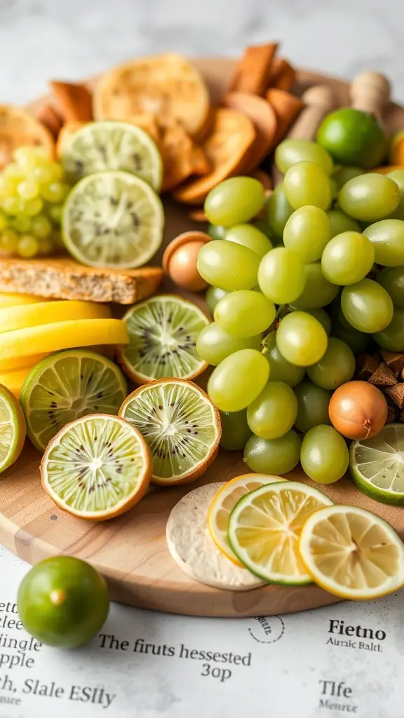 A colorful charcuterie board featuring fresh fruits like grapes, limes, lemons, and dried apricots.