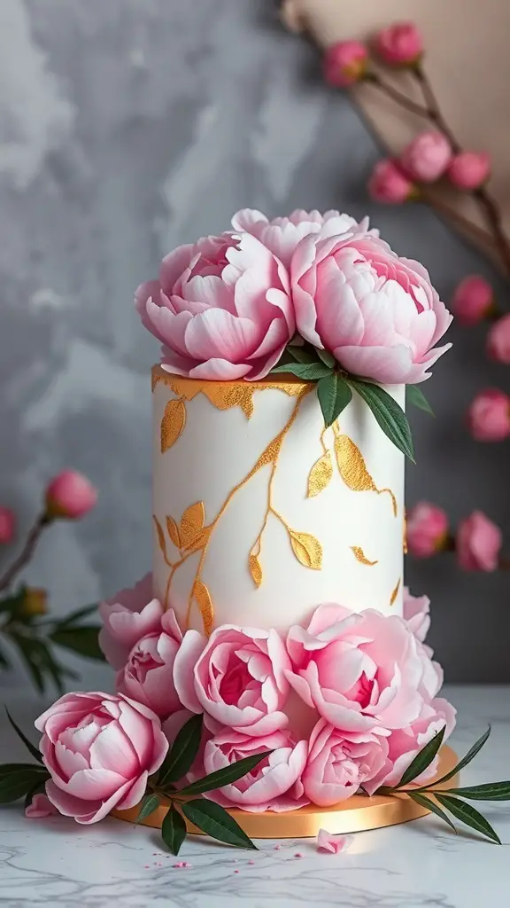 A beautifully decorated peony petal cake with gold leaf accents and pink peonies.