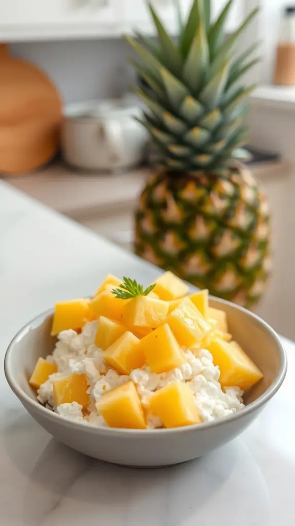 A bowl of cottage cheese topped with pineapple chunks, with a pineapple in the background.