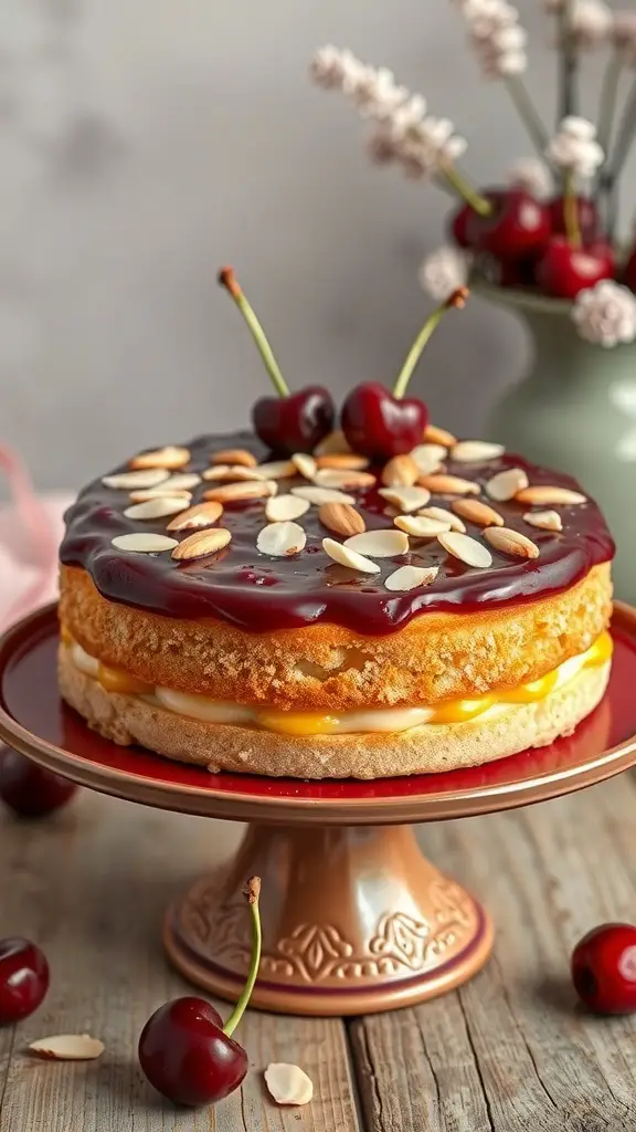 A Vanilla Almond Cake topped with cherry glaze and almonds, displayed on a decorative cake stand.
