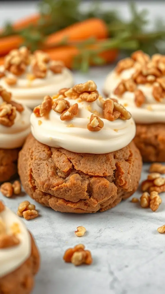 Carrot cake cookies topped with cream cheese frosting and walnuts, with fresh carrots in the background.