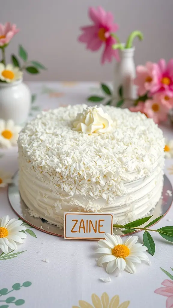 A beautifully decorated Coconut Cream Cake with shredded coconut on top, surrounded by flowers.