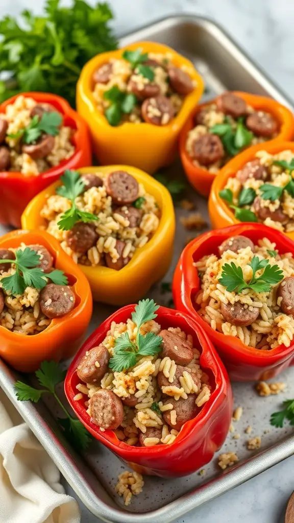 Colorful stuffed bell peppers filled with Italian sausage and rice, garnished with parsley.