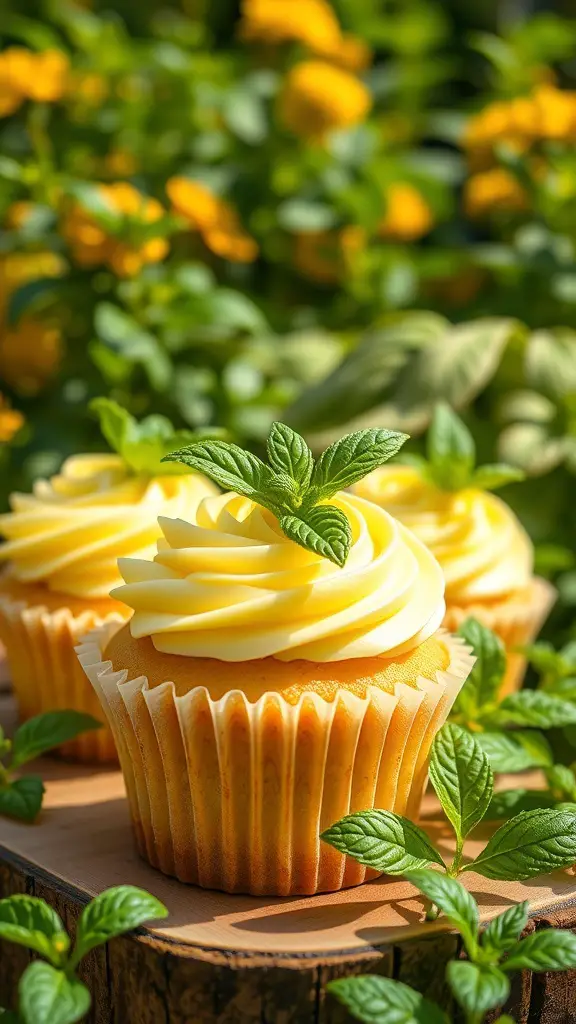 Lemon basil cupcakes topped with yellow frosting and mint leaves, surrounded by greenery.
