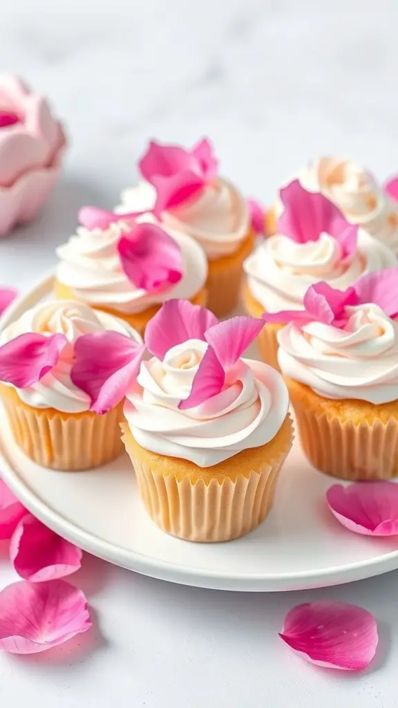 Peony cupcakes with whipped cream and pink petals on a plate