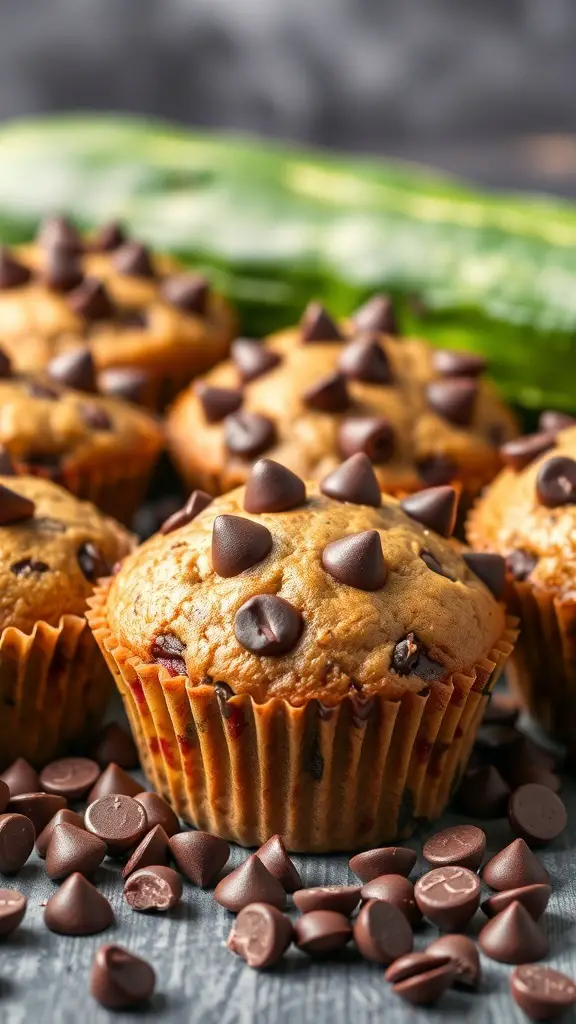 Delicious chocolate chip zucchini muffins with chocolate chips on top.