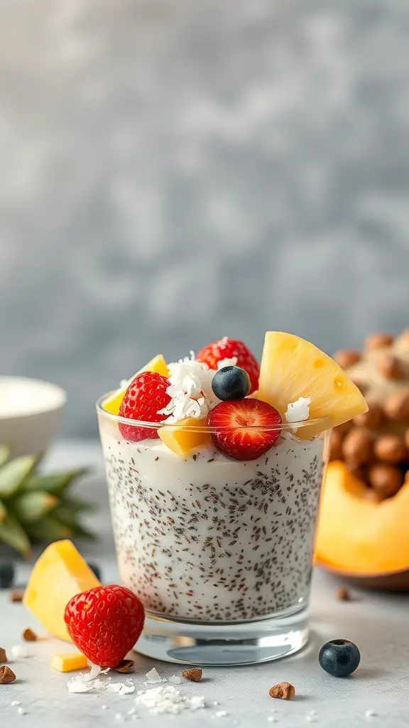 A glass of chia seed pudding topped with strawberries, blueberries, pineapple, and coconut flakes.