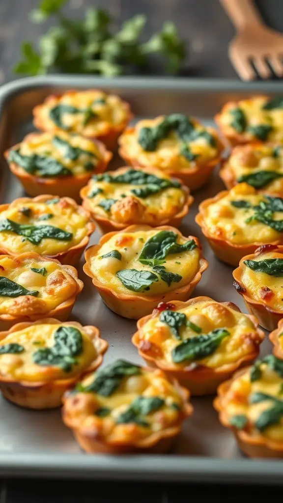 A tray of mini quiche bites with spinach and cheese.