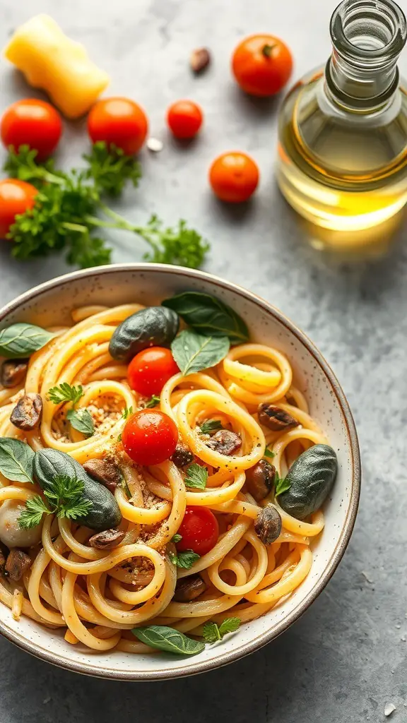 A bowl of Pasta Primavera with cherry tomatoes, herbs, and olive oil on a gray surface.