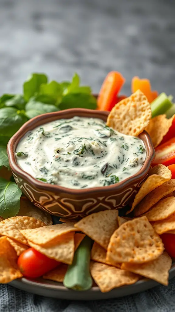 A bowl of spinach and artichoke dip surrounded by tortilla chips and fresh vegetables.