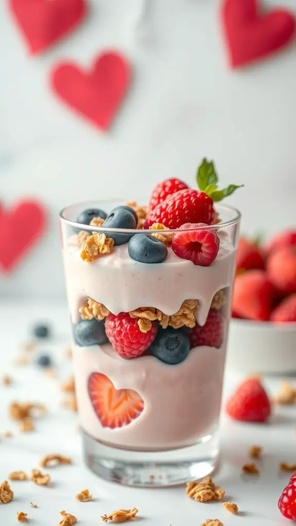 A glass of pink yogurt parfait with granola, blueberries, and raspberries, decorated with heart shapes.