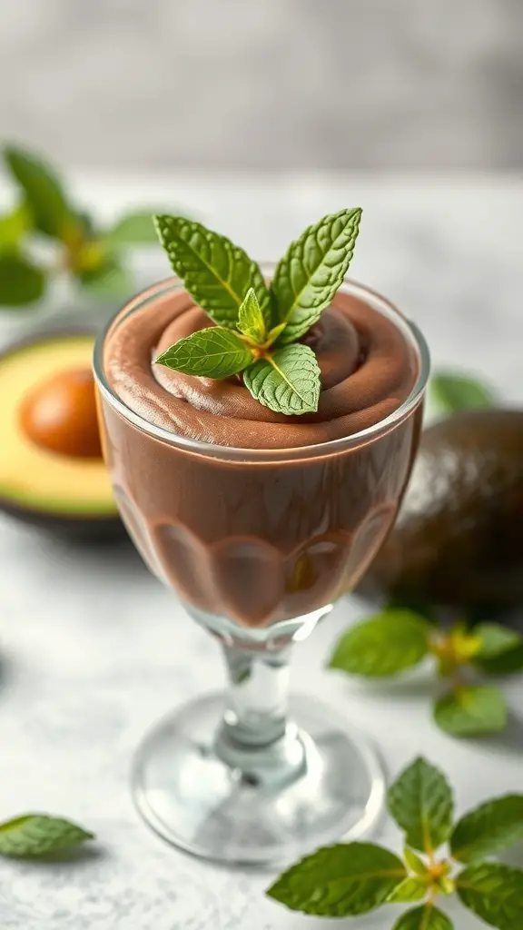 A glass of avocado chocolate mousse topped with mint leaves, surrounded by fresh mint and an avocado.