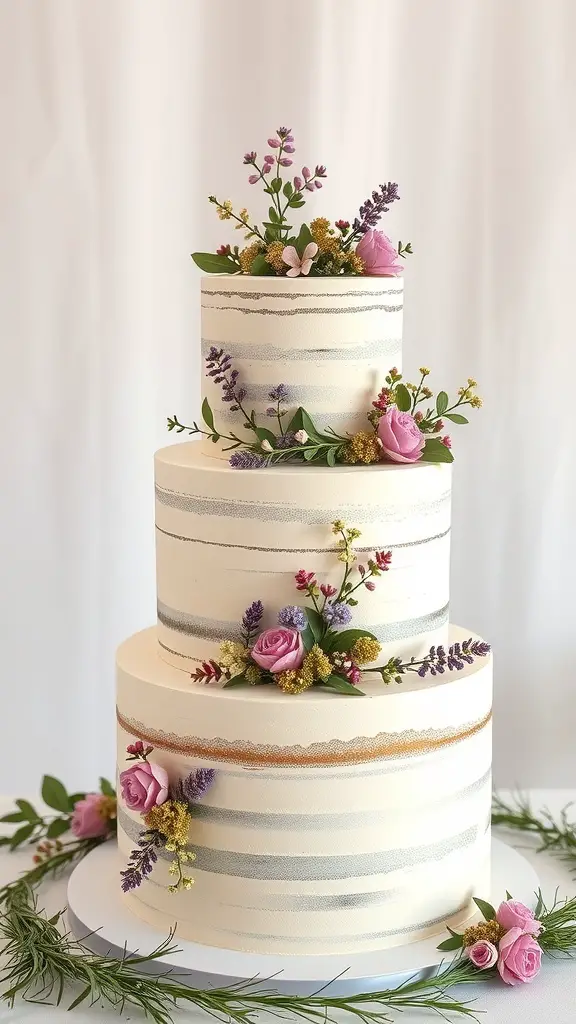 A three-tiered wildflower wedding cake with pastel flowers and greenery.