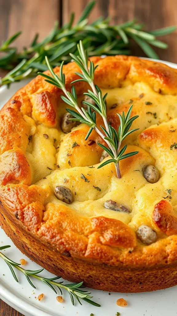 A delicious herb-infused olive oil cake garnished with fresh rosemary.