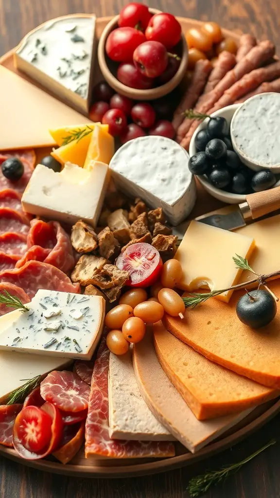 A beautifully arranged cheese and charcuterie board featuring a variety of cheeses, meats, fruits, and nuts.