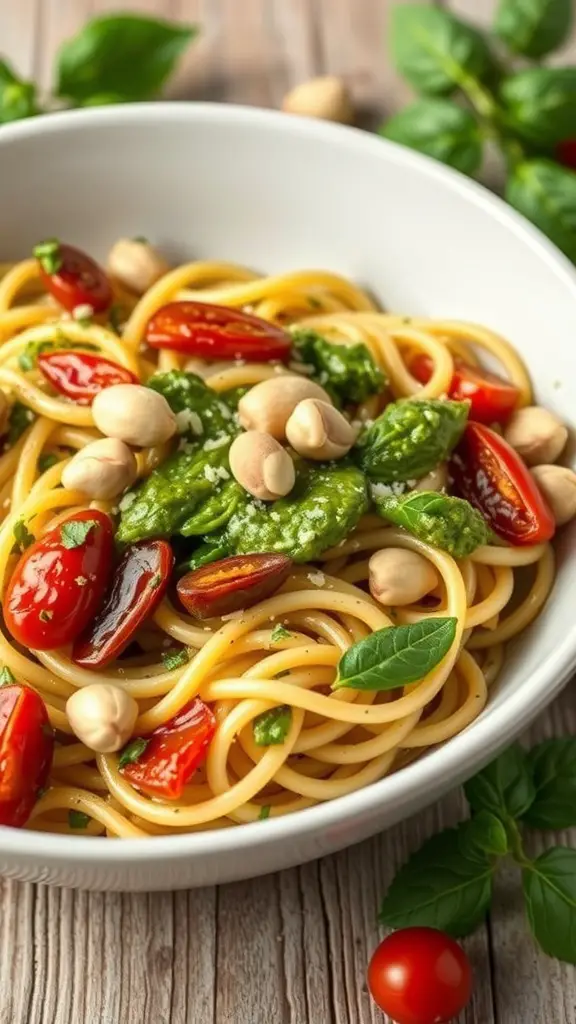 A bowl of pesto pasta with sun-dried tomatoes, garnished with basil leaves.