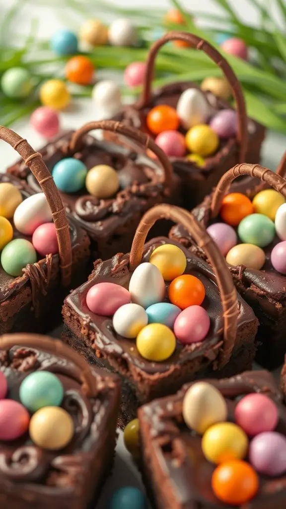 Easter Basket Brownies topped with colorful candy eggs