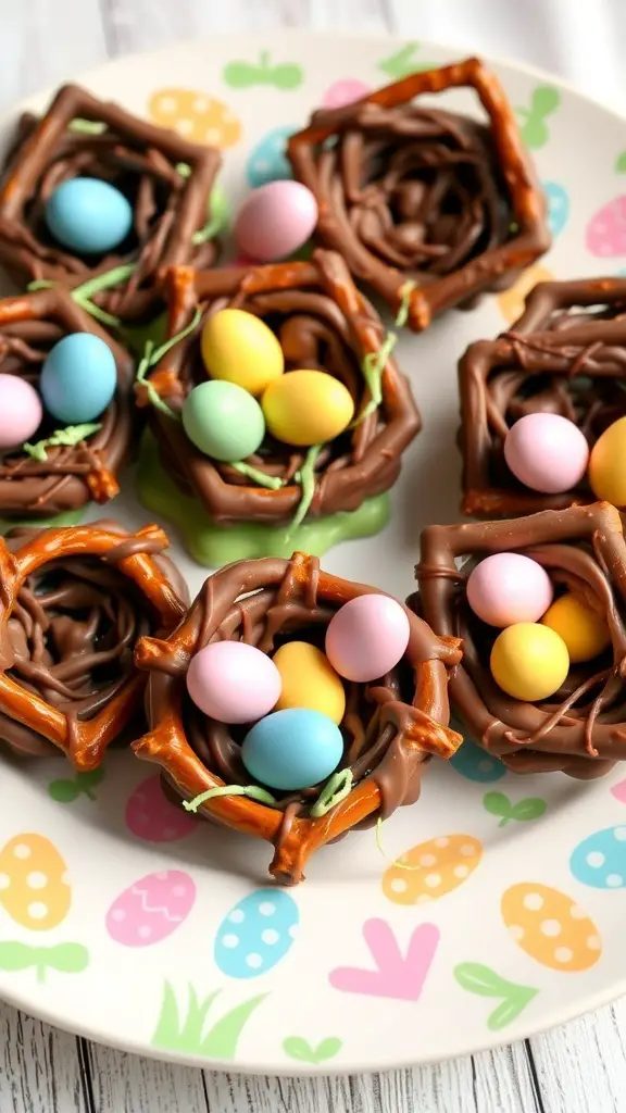 Chocolate-covered pretzel nests with colorful candy eggs on a festive plate