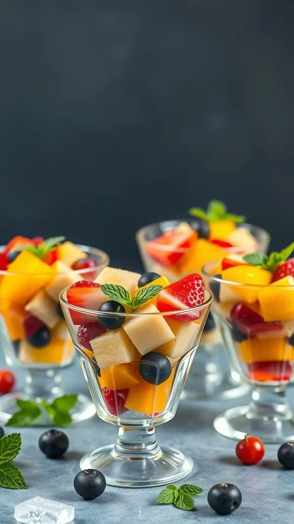Colorful fruit salad cups with strawberries, blueberries, mangoes, and melons, garnished with mint leaves.