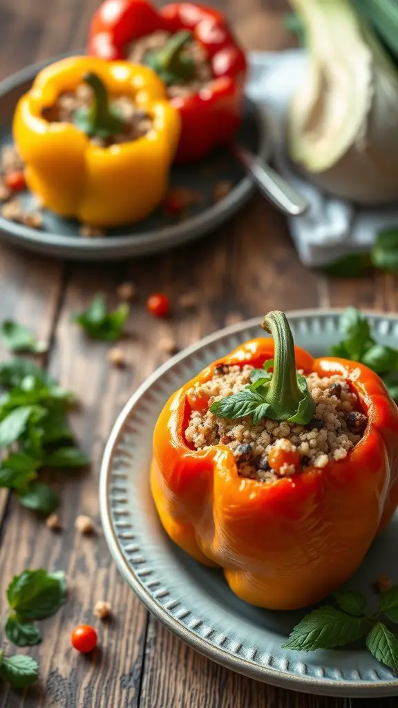 Stuffed bell peppers filled with quinoa and vegetables on a plate