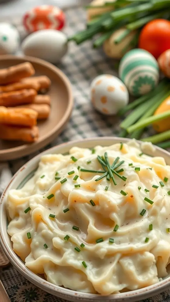 A bowl of creamy garlic mashed potatoes topped with chives, surrounded by colorful Easter eggs and carrots.