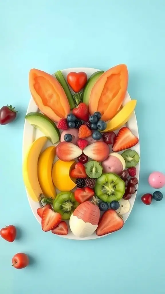 A colorful fruit platter shaped like a bunny for Easter.