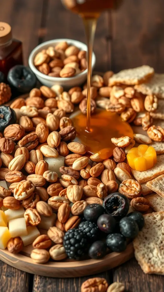 Easter charcuterie board featuring nuts, fruits, and honey.