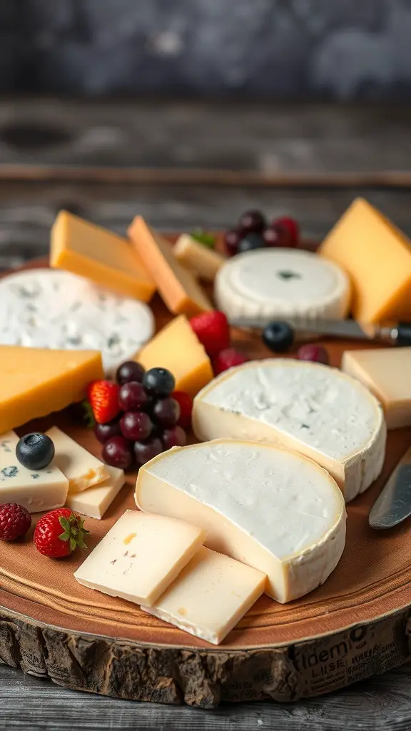 A beautifully arranged cheese board featuring various cheeses and fruits.