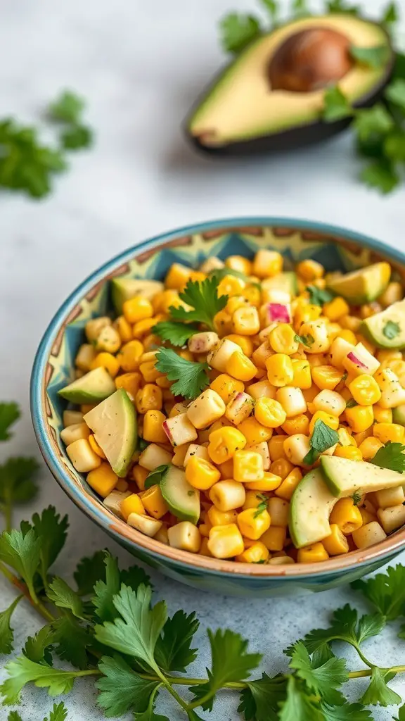 A bowl of roasted corn and avocado salad with cilantro and lime