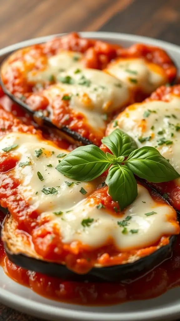 A plate of Eggplant Parmesan with layers of eggplant, marinara sauce, and melted cheese, garnished with basil.