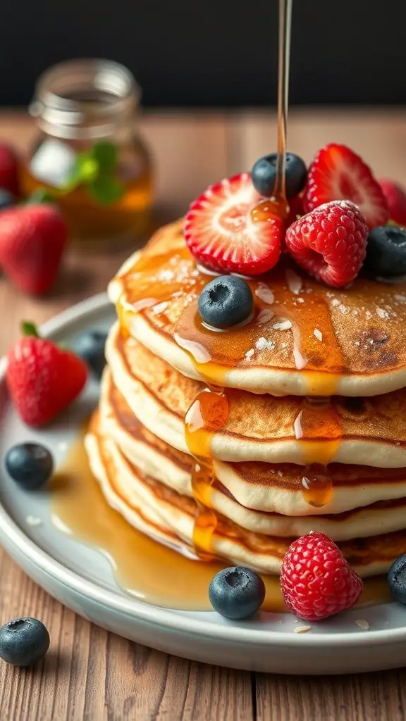 A stack of almond flour pancakes topped with fresh strawberries, blueberries, and raspberries, drizzled with syrup.
