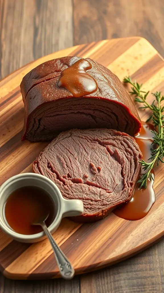 A beautifully cooked Beef Wellington on a wooden cutting board with a side of sauce
