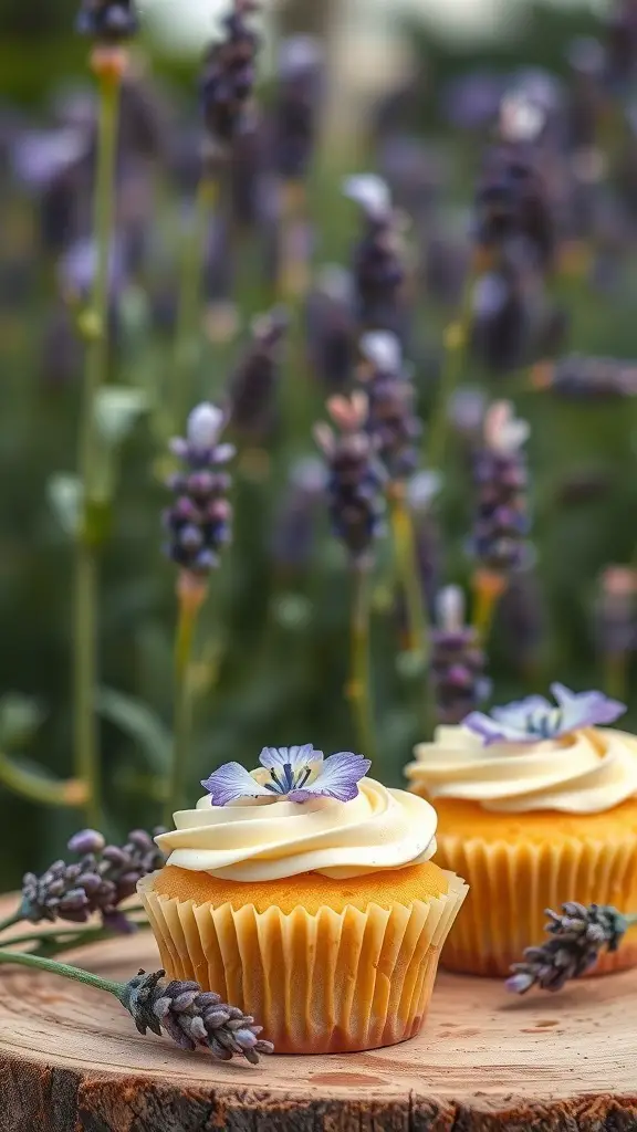 Lavender honey cupcakes with floral decoration on a wooden surface