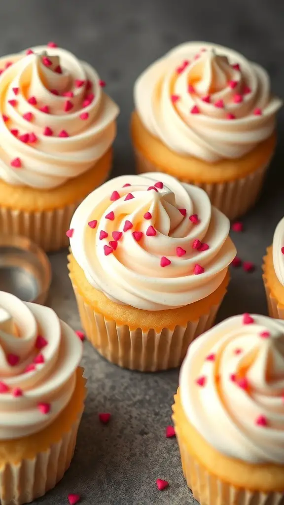 Vanilla cupcakes with buttercream frosting and pink heart sprinkles
