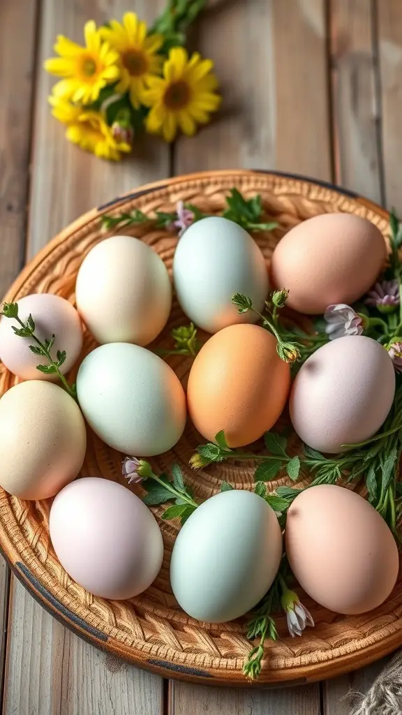 A variety of pastel-colored eggs arranged on a woven platter with greenery and flowers.