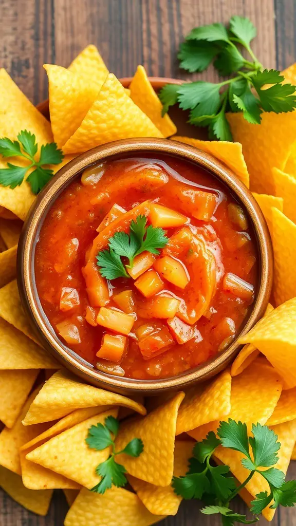 A bowl of sweet and spicy salsa dip surrounded by tortilla chips and fresh cilantro