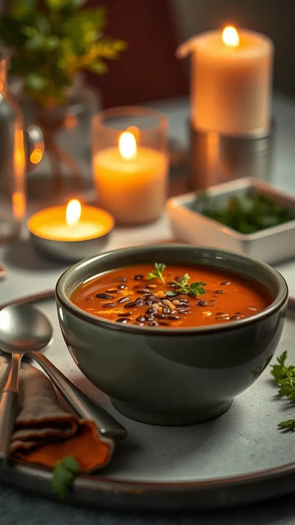 A bowl of red lentil soup garnished with herbs, surrounded by candles and a cozy setting.